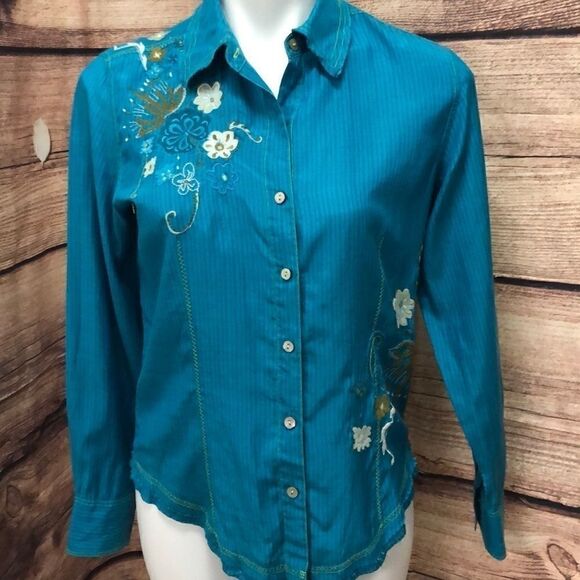 Chico’s button down embroidered collared silk blouse - Picture 1 of 11